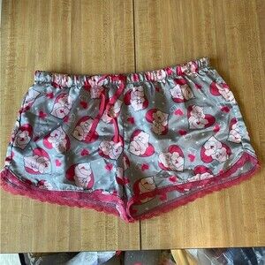CARE BEAR Satin Shorts Pajama Bottoms Lounge Silky Pink Silver Heart Vintage Y2K